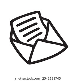 Icono o logotipo del sobre de la letra del garabato, dibujado a mano con la línea negra fina. Aislado sobre fondo blanco. Ilustración vectorial