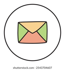 Doodle letter envelope icon or logo, hand drawn with thin black line. Isolated on white background. Vector illustration
