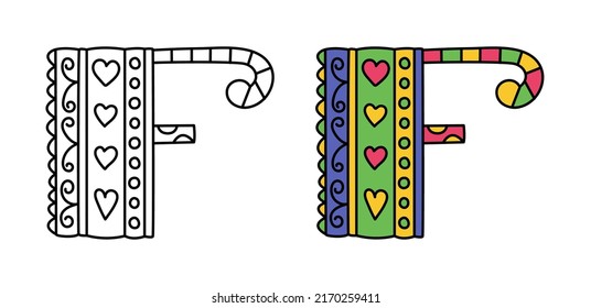 Doodle letter F. Hand drawn line ABC. Sketch alphabet. Kids illustration for coloring book. Editable