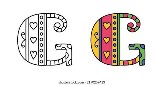 Doodle letter G. Hand drawn line ABC. Sketch alphabet. Kids illustration for coloring book. Editable