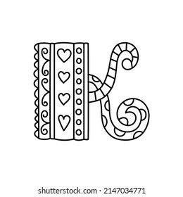 Doodle letter K. Hand drawn line ABC. Sketch alphabet. Kids illustration for coloring book. Editable outline