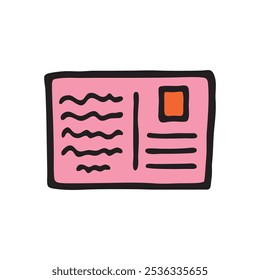 Ícone ou logotipo de cartão postal com carta de doodle, desenhado à mão com linha preta fina