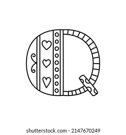 Doodle letter Q. Hand drawn line ABC. Sketch alphabet. Kids illustration for coloring book. Editable outline