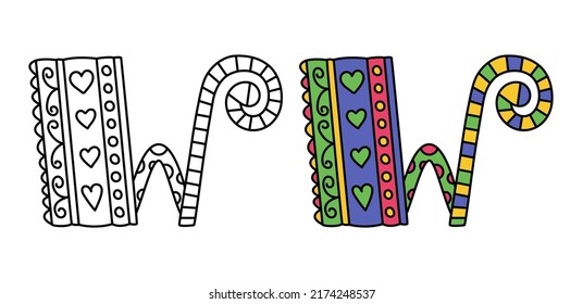 Doodle letter W. Hand drawn line ABC. Sketch alphabet. Kids illustration for coloring book. Editable