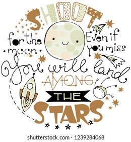 Doodle lettering with moon and space elements. Shoot for the moon vector illustration