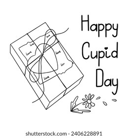 Doodle lettering on St valentines day with gift. Vector outline hand drawn illustration on white background. Good for printout, background, banner