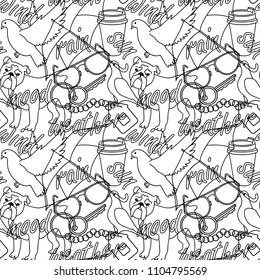 Doodle and lettering outline abstract seamless pattern. Vector fashion repeat wallpaper with weather elements, dog and birds for textile prints, coloring page.