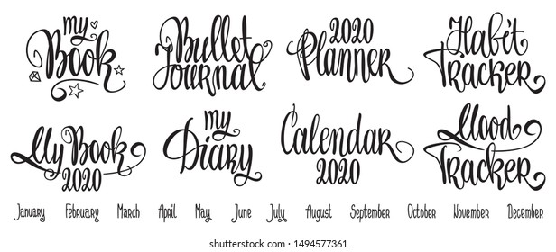 Doodle with lettering set for diary and bullet journal vector illustration. Planner 2020, Calendar 2020, my book, habit tracker, mood tracker. Month planning design elements. 