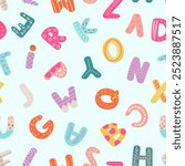 Doodle letters alphabet seamless pattern. Decorative hand drawn children letter, abc fabric wrapping print design. Abstract vector background