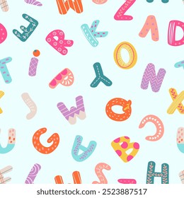 Doodle letters alphabet seamless pattern. Decorative hand drawn children letter, abc fabric wrapping print design. Abstract vector background