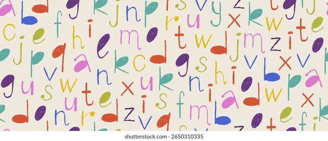 Desenhar letras sem emenda padrão. Escrita alfabeto, mão desenhada cera lápis de cera abc letras. Texto abstrato em inglês. Têxtil, revestimento, papel de parede. Imprimir para tecido. Plano de fundo do vetor