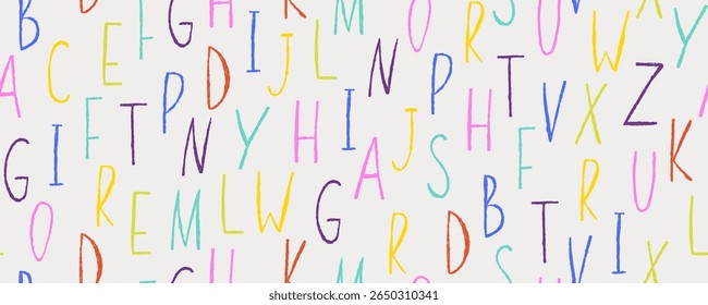 Desenhar letras sem emenda padrão. Escrita alfabeto, mão desenhada cera lápis de cera abc letras. Texto abstrato em inglês. Têxtil, revestimento, papel de parede. Imprimir para tecido. Plano de fundo do vetor