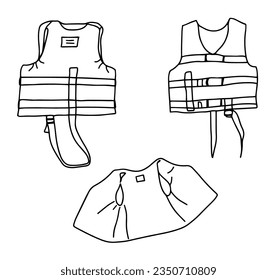 La chaqueta de vida de Doodle. Conjunto de ilustraciones de iconos de vector dibujado a mano. Mejor uso para centro turístico, piscina, playa, deportes acuáticos