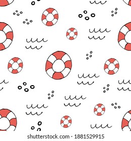 Doodle Lifebuoy patrón sin fisuras. fondo dibujado a mano. Ilustración del vector
