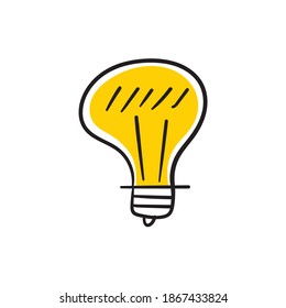 Doodle light bulb. Electric lamp hand drawn illustration. Yellow lightbulb vector sketch. Symbol of idea and solution.