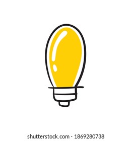 Doodle light bulb. Electric lamp hand drawn illustration. Yellow lightbulb vector sketch. Symbol of idea and solution.
