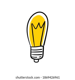 Doodle light bulb. Electric lamp hand drawn illustration. Yellow lightbulb vector sketch. Symbol of idea and solution.
