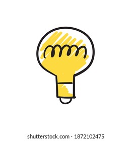 Bombilla de carpintería. Ilustración dibujada a mano por una lámpara eléctrica. Esbozo vectorial de la bombilla amarilla. Símbolo de idea y solución.