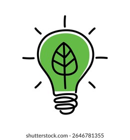 Doodle light bulb with a green leaf illustration symbol vector design, representing clean energy, environmental health, and sustainable practices, ideal for eco conscious branding.
