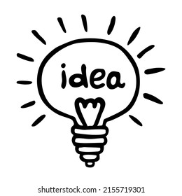 Doodle light bulb idea icon, hand drawn with thin black line.