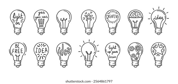 Doodle light bulb idea icon hand drawn set. light bulbs idea concept drawing. Vector illustration