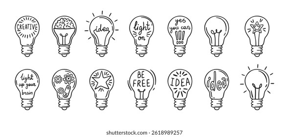 Doodle Glühbirne Idee Symbol handgezeichnetes Set. Ideen-Konzeptgrafik von Glühbirnen. Vektorgrafik