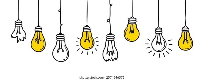 Doodle light bulb lamp icon set. outline yellow light bulb with wire are hanging hand drawn set. different glass incandescent lamps. cartoon light bulbs hanging. Vector illustration