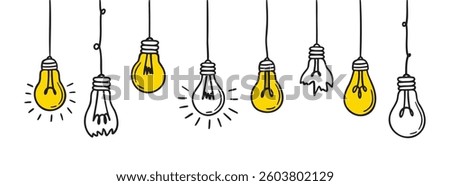 Doodle light bulb lamp icon set. outline yellow light bulb with wire are hanging hand drawn set. different glass incandescent lamps. cartoon light bulbs hanging. Vector illustration