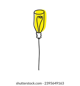 Doodle light bulb with rays shine in tube shape, thin line. Hand drawn cute light bulb with tungsten helix. Light bulb shine bright, linear art. Creativity, inspiration, invention, idea, decoration