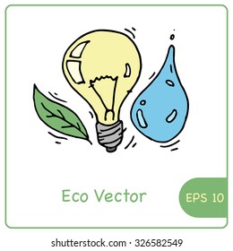 Doodle light bulb, water drop and leaf. Vector illustration