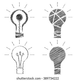 Doodle light bulbs. The black outline of incandescent lamps. A set of sketches. Creative idea. Insight icons. Negligent design. Vector illustration.