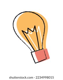 Doodle lightbulb icon. Idea, insight and brainstorming. Fantasy and imagination. Graphic element for printing on fabric. Stylish logotype for company, branding. Cartoon flat vector illustration
