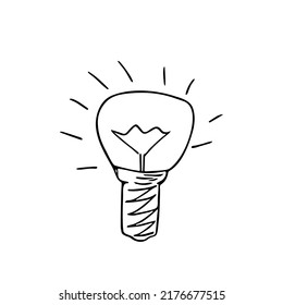 Doodle lightbulb,hand drawn electric device,idea concept.Sign of scientific discovery,insight.Decoration for banners,stories,posters.Sketch,freehand minimalistic design.Isolated.Vector illustration