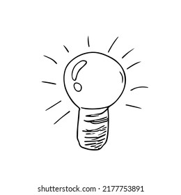 Bombilla de cartón, dispositivo eléctrico de mano,concepto de idea.Signo de descubrimiento científico,insight.Decoración para carteles, historias,afiches.Esbozo,diseño minimalista de mano libre.Isolated.Iilustración vector