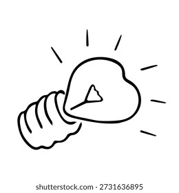 Lâmpada de doodle, dispositivo elétrico desenhado à mão, conceito de ideia. Sinal de descoberta científica, discernimento. Decoração para banners, histórias, cartazes. Esboço, design minimalista à mão livre. Isolado. Vetor 