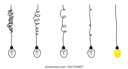 Doodle lightbulbs idea icon. simplifying the complex, confusion clarity or path vector idea concept with lightbulbs. vector illustration