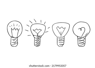 Doodle lightbulbs,hand drawn electric devices set,idea concept.Sign of scientific discovery,insight.Sketch,freehand minimalistic design.Isolated.Vector illustration