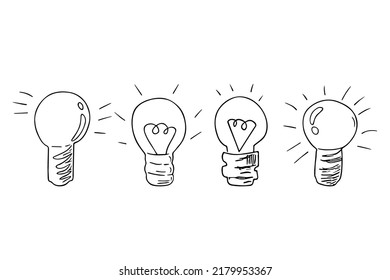 Lámparas de Doodle, conjunto de dispositivos eléctricos dibujados a mano,concepto de idea.Signo de descubrimiento científico,insight.Sketch,diseño minimalista a mano alzada.Isolated.Vector ilustración