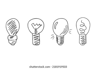 Doodle lightbulbs,hand drawn electric devices set,idea concept.Sign of scientific discovery,insight.Sketch,freehand minimalistic design.Isolated.Vector illustration