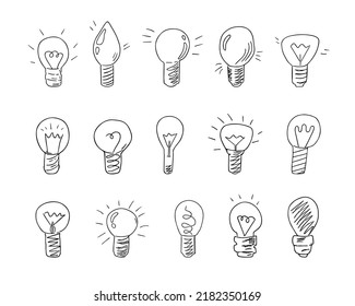 Doodle lightbulbs,hand drawn electric devices set,idea concept.Sign of scientific discovery,insight.Sketch,freehand minimalistic design.Isolated.Vector illustration