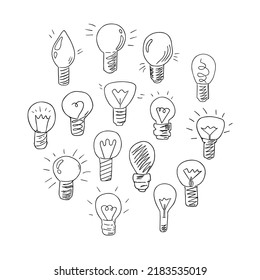 Doodle lightbulbs,hand drawn electric devices set,idea concept.Sign of scientific discovery,insight.Sketch,freehand minimalistic design.Isolated.Vector illustration