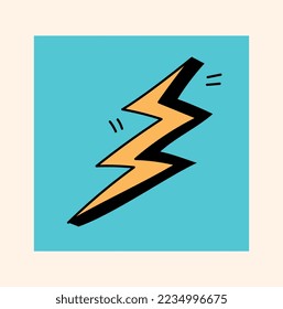 Doodle lightning in blue square. Symbol of speed and energy. Graphic element for printing on fabric. Back in 80s and 90s and hippie era. Poster or cover for website. Cartoon flat vector illustration
