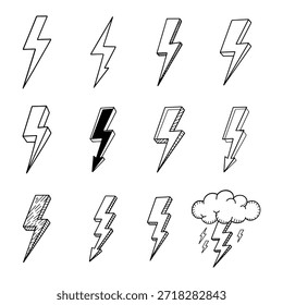 doodle lightning bolt and thunder strike icons with storm cloud vector
