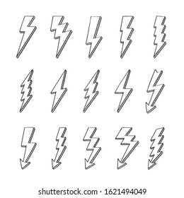 Doodle lightning bolts vector logo set. Concept of energy and electricity. Cartoon flash collection. Power and electric symbols, high speed, swiftness and rapid emblem.