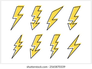Doodle lightning icon. Thunder charging power for electricity and batteries. Hand drawn light. Vector stock illustration