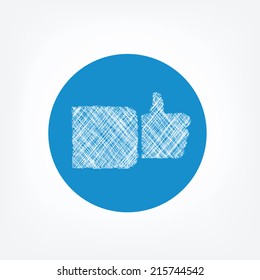 Doodle like icon on blue background. Symbol of famous social network, thumbs up icon.