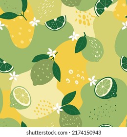 Doodle lime and abstract elements. Vector seamless pattern. Hand drawn illustrations.