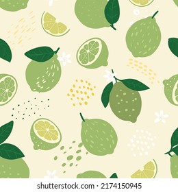 Doodle lime and abstract elements. Vector seamless pattern. Hand drawn illustrations.