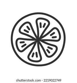 Doodle lime lemon orange fruit symbol. Line art vector illustration of cut citrus. Simple black and white decorative element, symbol, icon