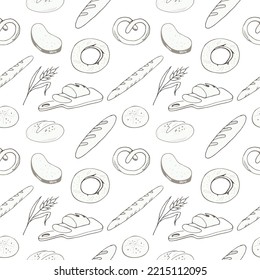 doodle, linart, seamless pattern for wrapping paper in a bread shop, for a menu , restaurant or separate icons 
